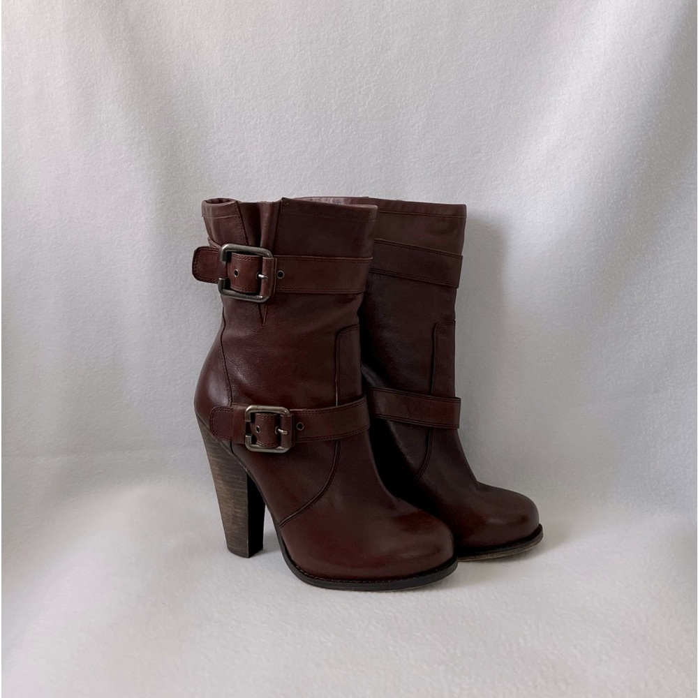 Aldo Dark Brown Leather Heeled Buckle Boots